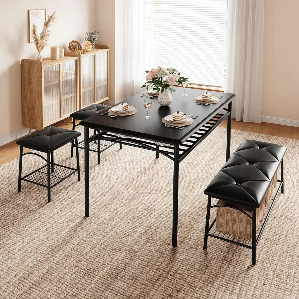 Dining Table Set for 4, Kitchen Table Set with Upholstered Bench and Square Stools, Metal and Wood Dining Room Table Sets