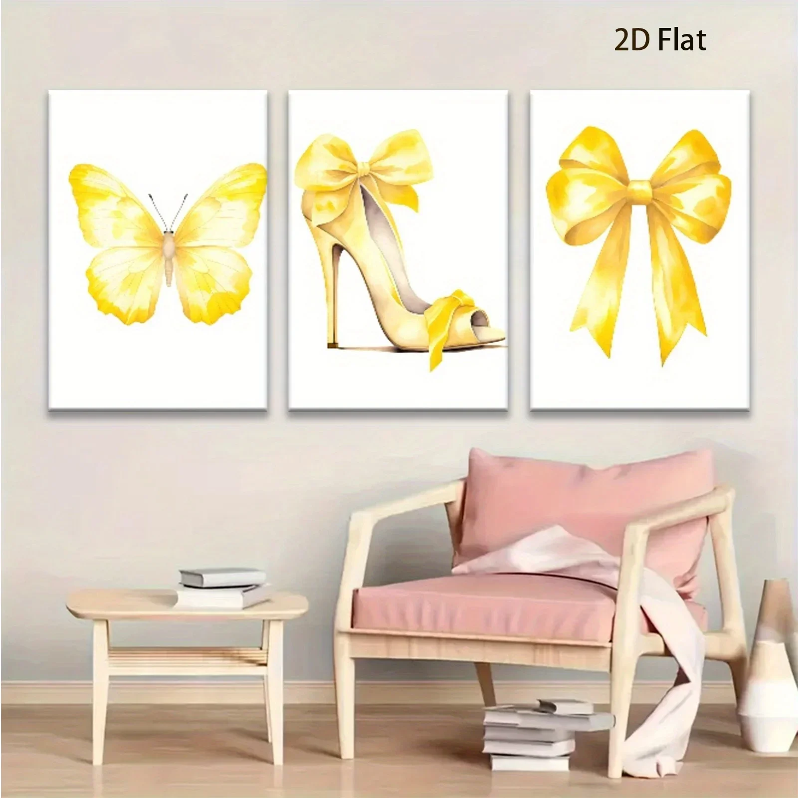 (No frame)2D Flat, 3pcs 2D Flat Yellow butterfly, bow, high heels Art poster, suitable for cafe, library, classroom, living r