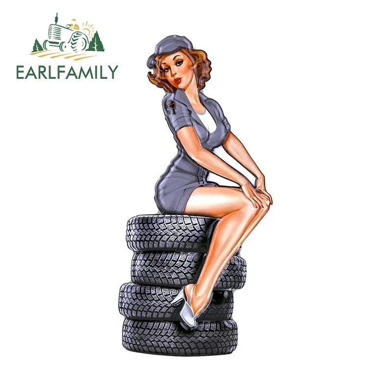 

EARLFAMILY 13cm for Tire Technician Pin Up Girl Car Sticker Waterproof Motorcycle Decal Bumper Auto Windows Refrigerator Decals
