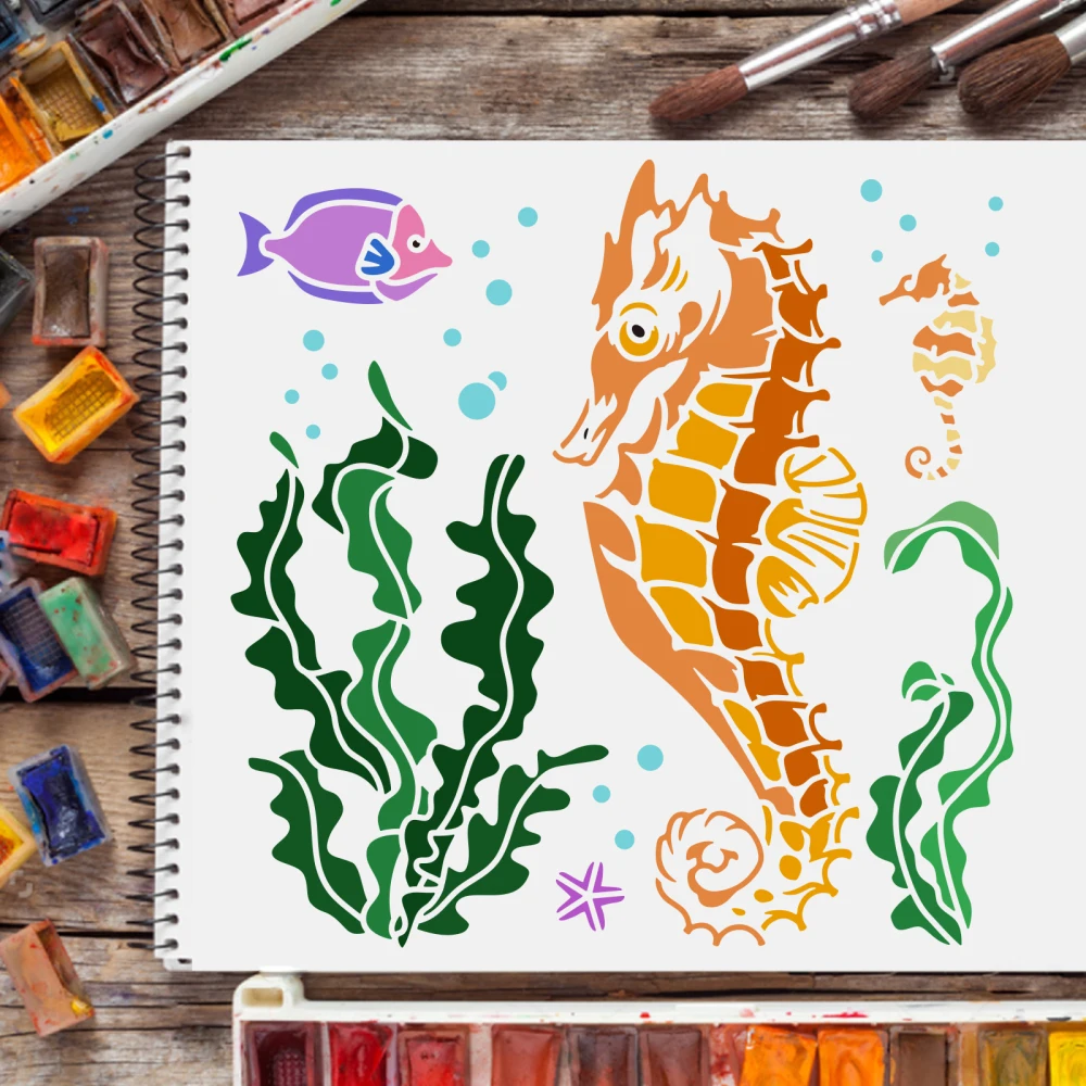 Seahorse Stencil Reusable Template Sea Animal Stencil Sea Creatures Stencil for Painting on Wood Tile Paper Fabric Floor Wall