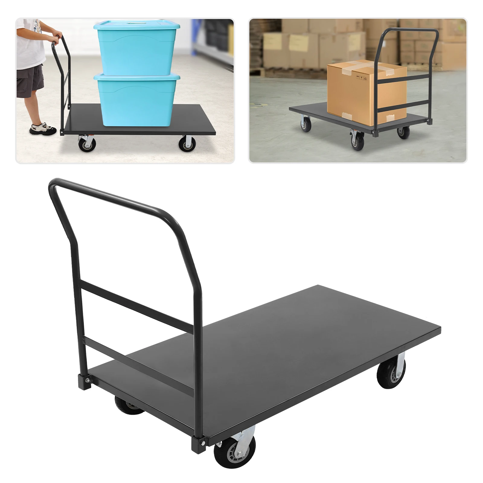 

Heavy Duty Flat Dolly Cart 2000lbs, Industrial Flatbed Hand Truck with Detachable Handle and Silent Casters Gray for Warehouse