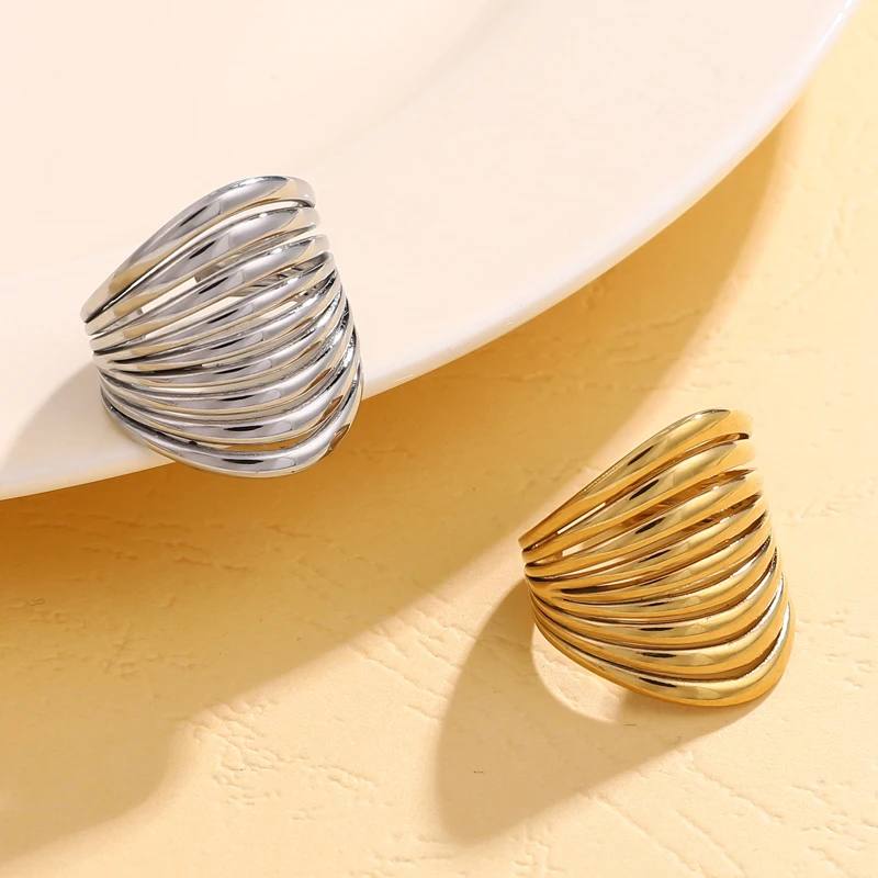 DLHP Stainless Steel Geometric Hollow Multilayer Wide Rings For Women Gold Plated Simple Smooth Open Rings Fashion Jewelry Gifts