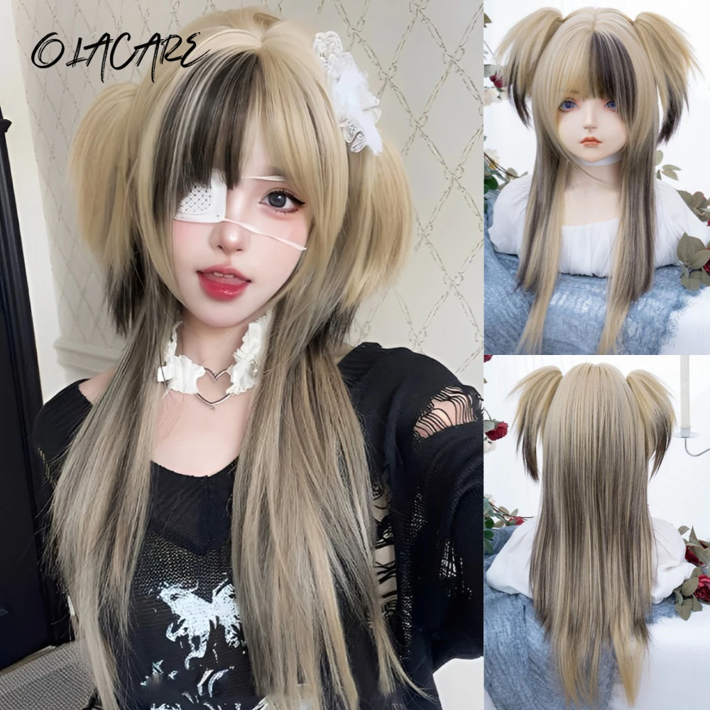 30Inch Synthetic Wigs With Bangs Black Coffee Blonde Mixed Double Ponytails Long Straight Hair Wig for Women Heat Resistant