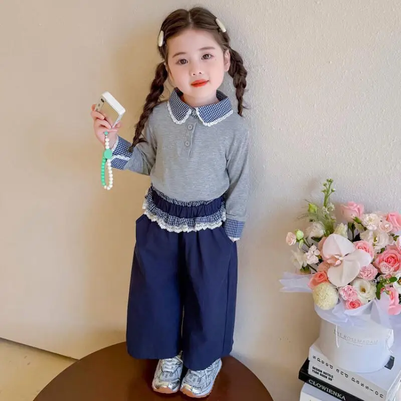 

Girl Autumn Pullover Pants 2-Piece Set Spring Lace Tops Wide-Leg Pants Sportswear Child Kawaii Fashion New Style Casual Clothing