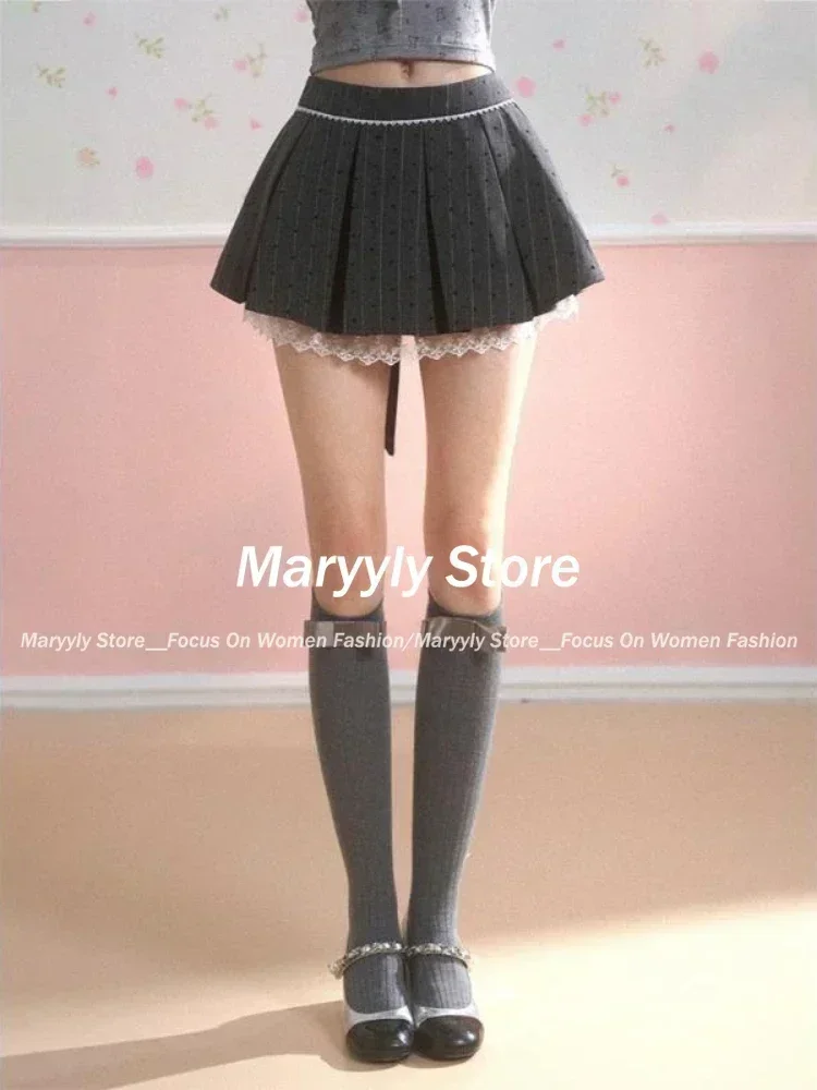 Design Bow Gray Pleated Skirt Women Lace Patchwork Mini Skirt 2024 Summer Fashion Lolita Style Striped Dot Print Cutecore Skirt