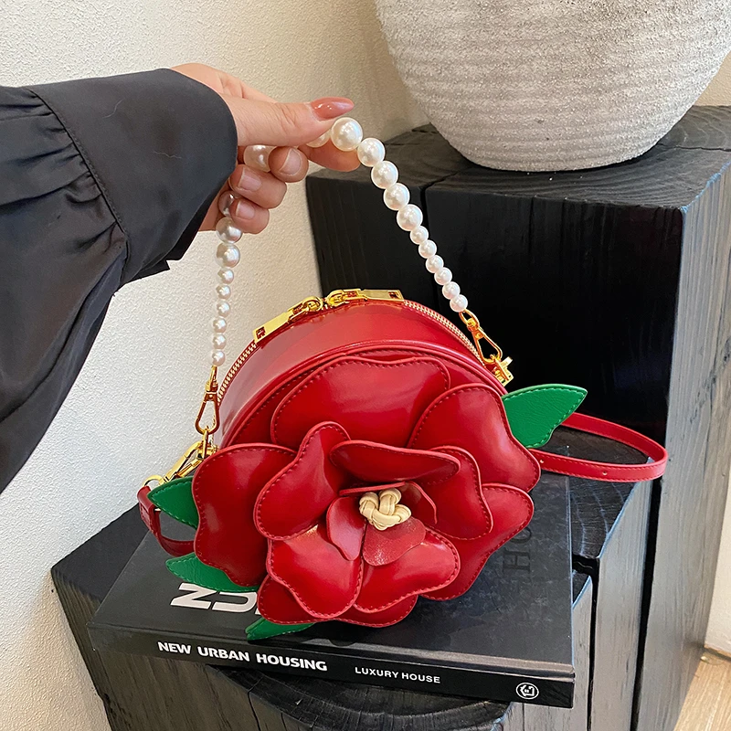 

Silver Evening Clutch Bag For Women Cute Pink Flower Purse Vintage Pearl Chain Crossbody Bag Fashion Mini Small Round Handbag
