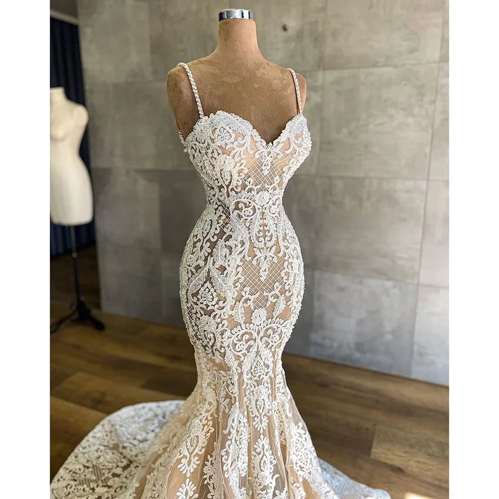 Elegant White Lace Appliques Wedding Dresses Chic Spaghetti Straps Sweetheart Mermaid Gowns Fashion Floor Length Bride Dresses