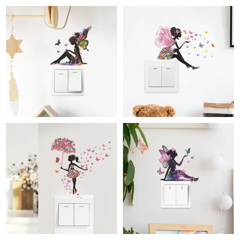 Butterfly Girl Switch Sticker Detachable sticker Living Room Background Decoration Mural Art Decals Home decoration sticker