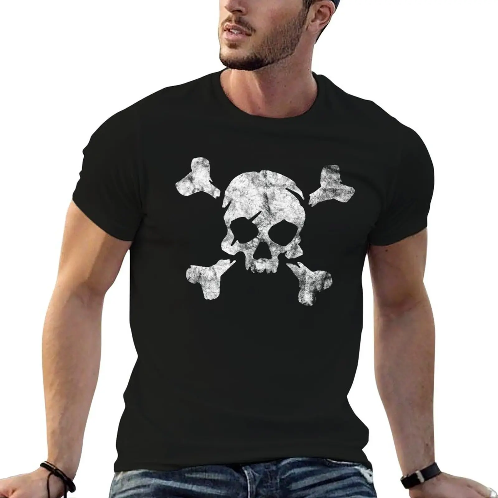 Distressed Skull n Crossbones T-Shirt vintage anime shirt cute tops shirts graphic tees blue archive shirts graphic tee men