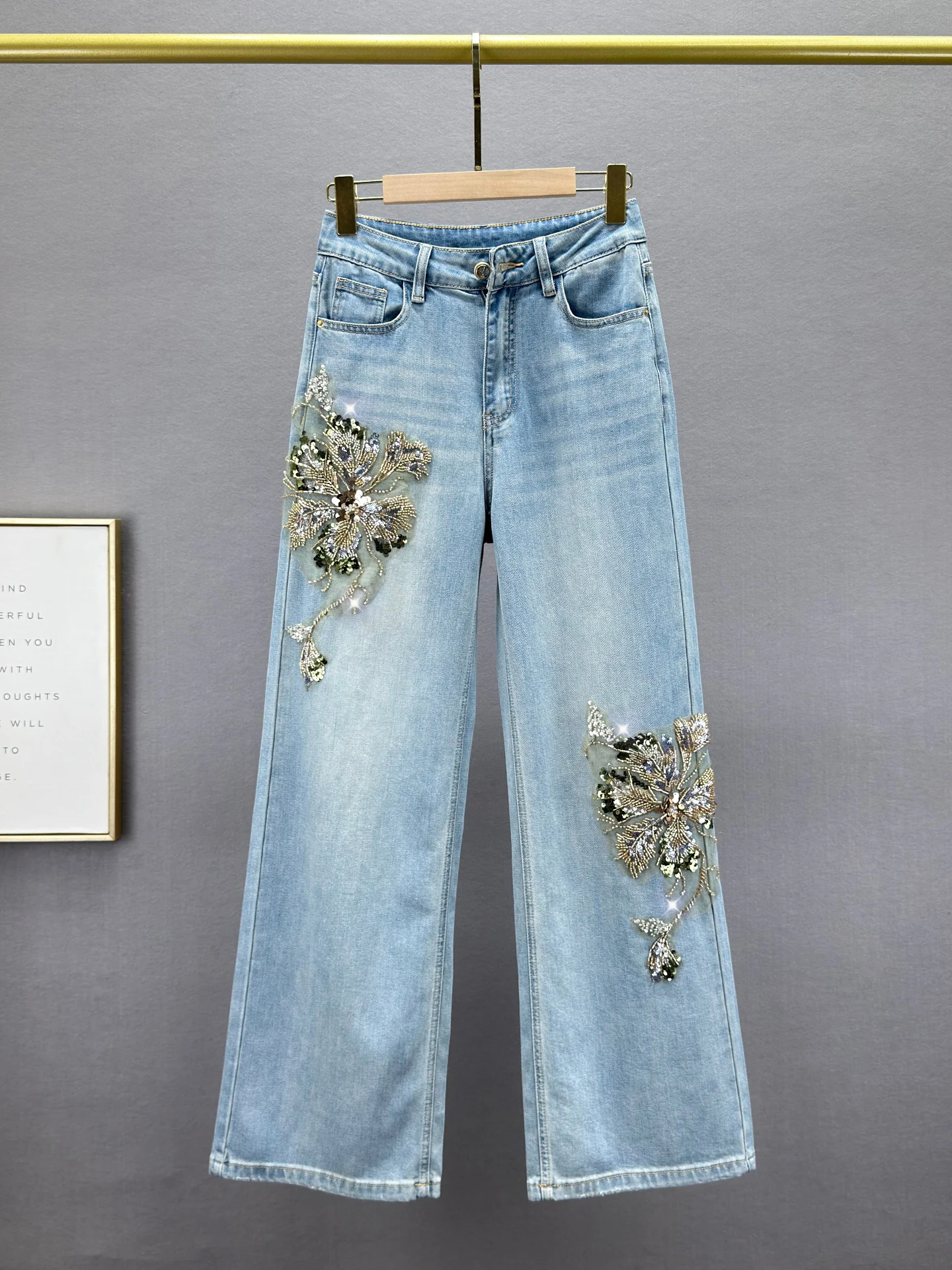 

iny Sequin High Waist Straight Leg Denim Jeans Women's Long Pants Vintage Waed Floral Print Cotton Stretch Blue Jeans