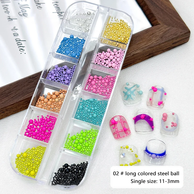 12 grilles/boîte de perles pour Nail Art, couleurs acidulées, perles de Caviar Macaron, boule en acier 3D pour la décoration des motifs d'ongles