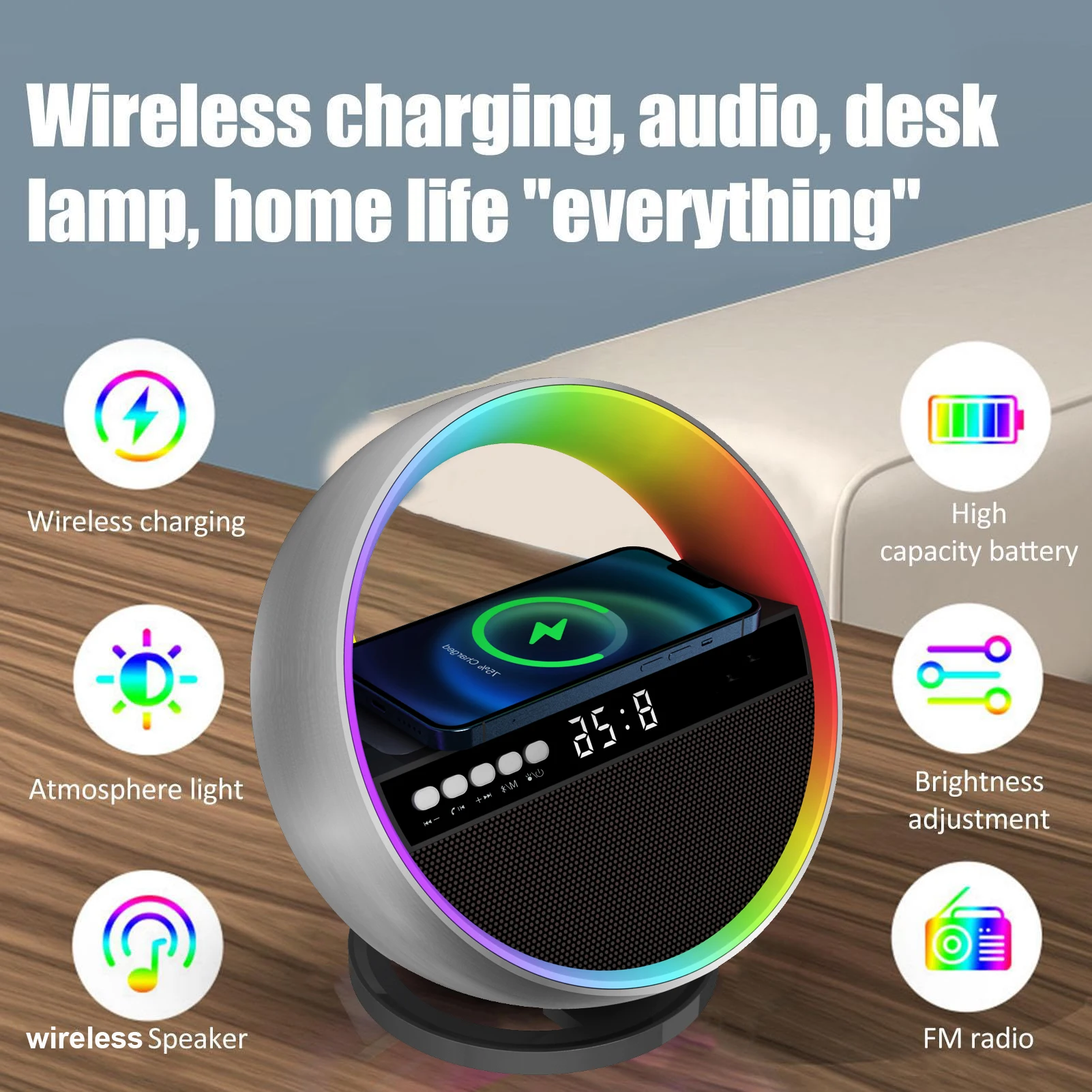 G5 Bluetooth Speaker RGB Music Rhythm Lighting Multifunctional Speake 10W Phone Wireless Charger Support FM TF Card AUX Input