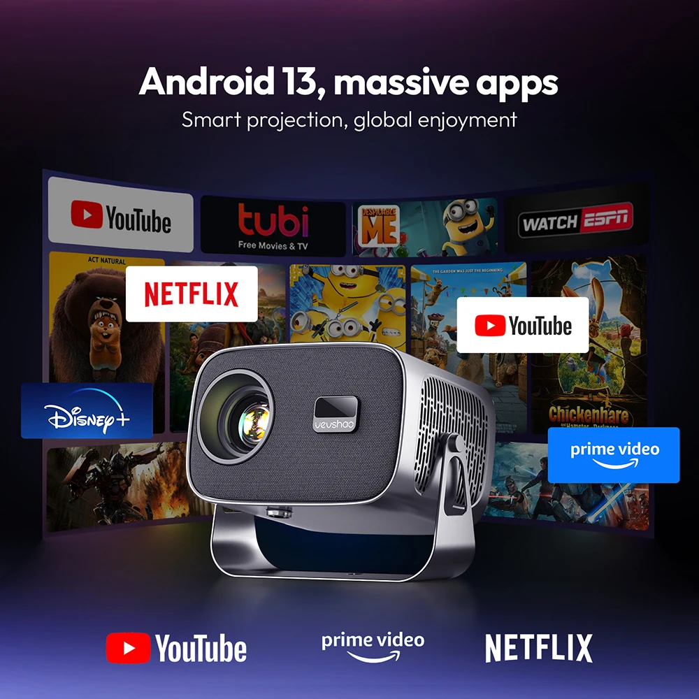 Apps integrate & 2026 Upgraded] Mini Proiettore con WiFi 6 Bluetooth 5.4 | Support 4K 1080P Auto Keystone 180° Regolabile Proiettore Portatile Compatibile con HDMI/TV Stick, ‌Nero Classico