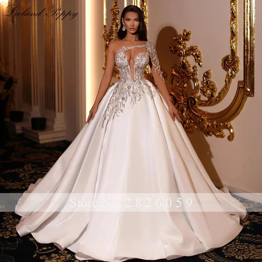 Lceland Poppy Customized Deep V Neck One Shoulder Ball Gown Satin Wedding Dresses Crystal Beaded Bridal Gowns with Chapel Train