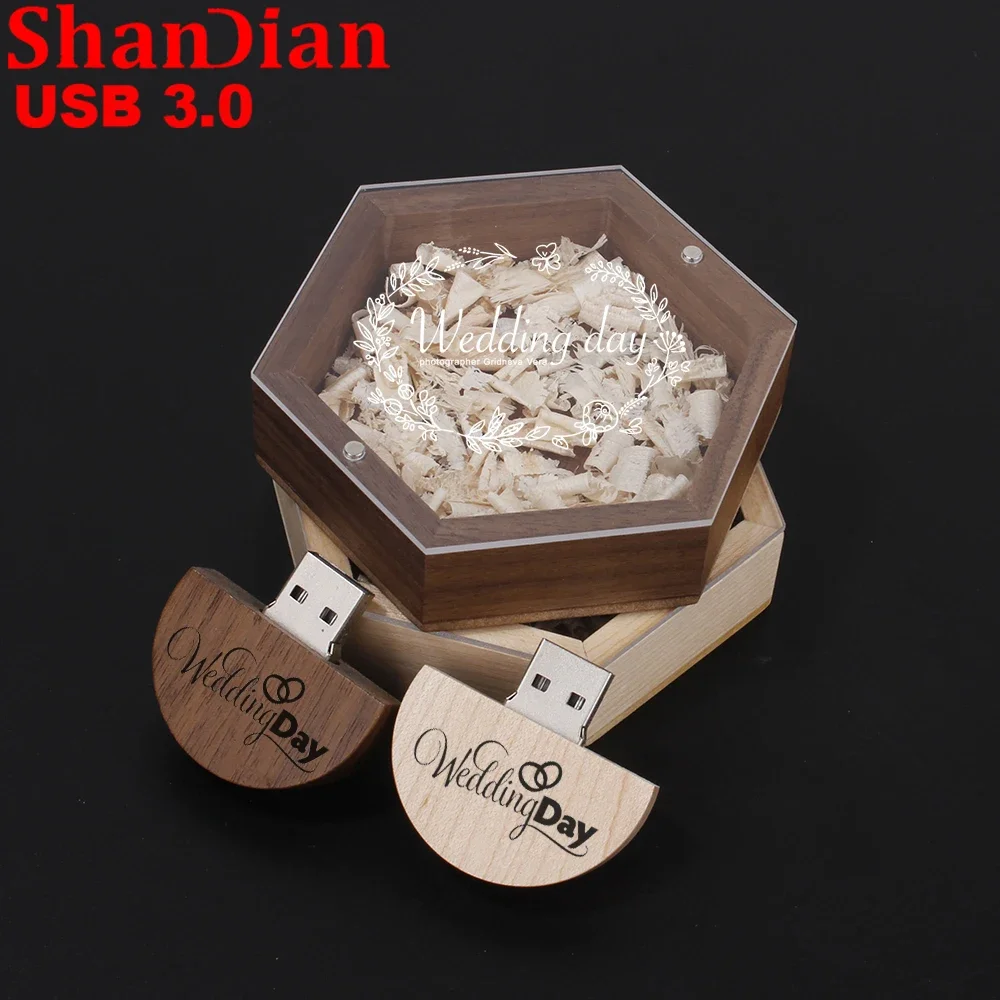 High Speed USB 3.0 Flash Drive Wedding Photography Wooden Memory Stick Free Custom Logo Hexagonal Box Multi Style Pen Drive 64GB