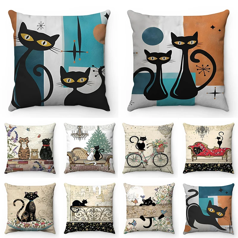 

Cartoon little black cat cute pet fairy tale pattern series sofa cushion cover home decoration living room office car pillowcase