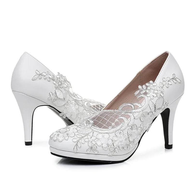 Spring Round Toe Shallow Lace Mesh White PU Waterproof Table Wedding Shoes Banquet Dress Large Size Thin High-heeled Women Shoes