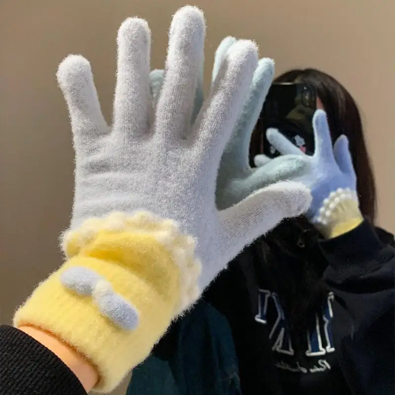 2025 귀여운 리본 니트 플러시 장갑 가을 겨울 따뜻한 다섯 손가락 사랑스러운 학생 겨울 장갑