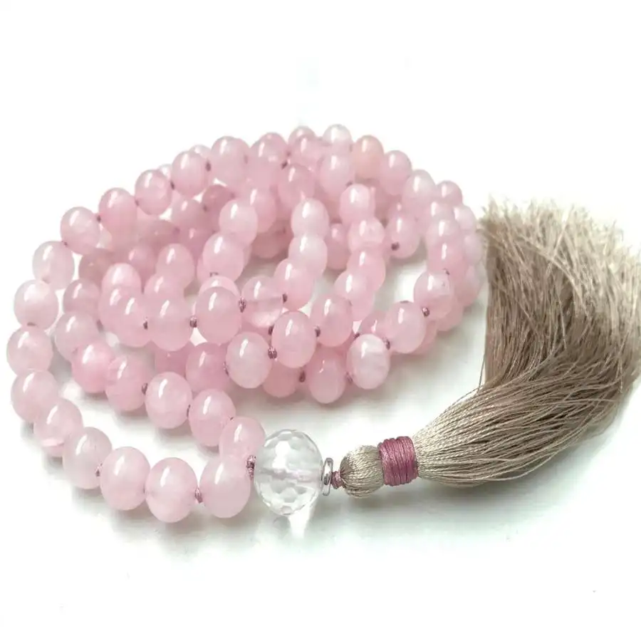 

Natural Pink Crystal 108 Beads Mala Necklace with Tassel Spiritual Meditation Jewelry
