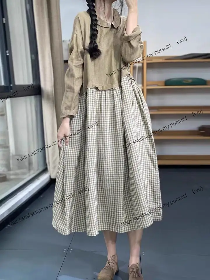 

ZOCI-Spring 2025 Art Retro Повседневная свободная универсальная цветная длинная юбка А-образной формы из хлопка и льна в клетку