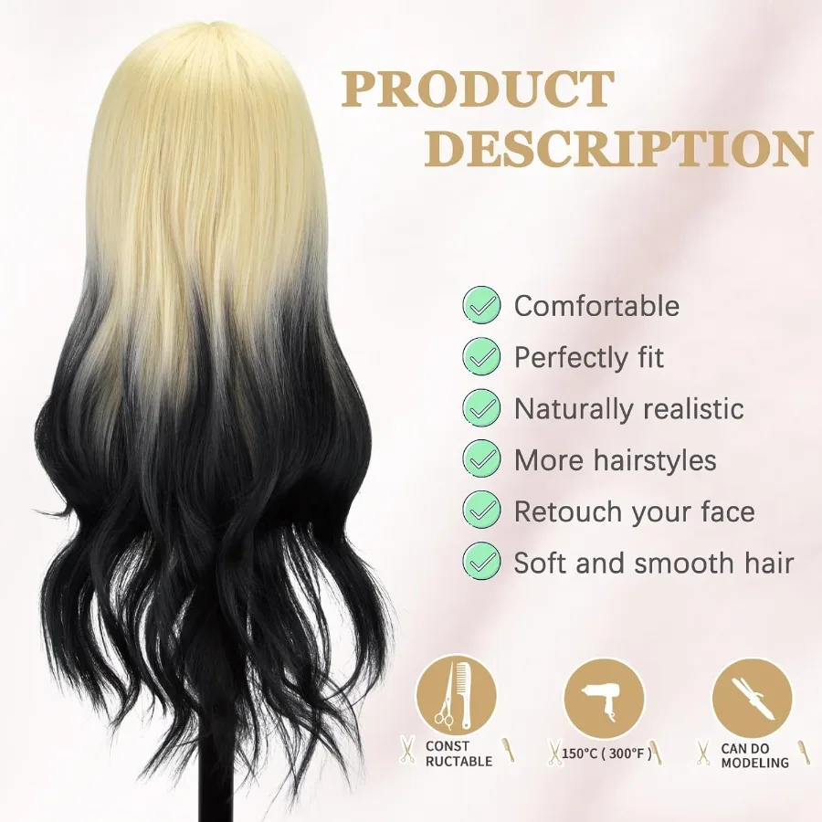 شعر مستعار طويل أشقر مختلط أسود مموج للنساء مع الجزء الأوسط شعر مستعار من الألياف الاصطناعية المموجة مع مظهر طبيعي مقاوم للحرارة لـ D #4