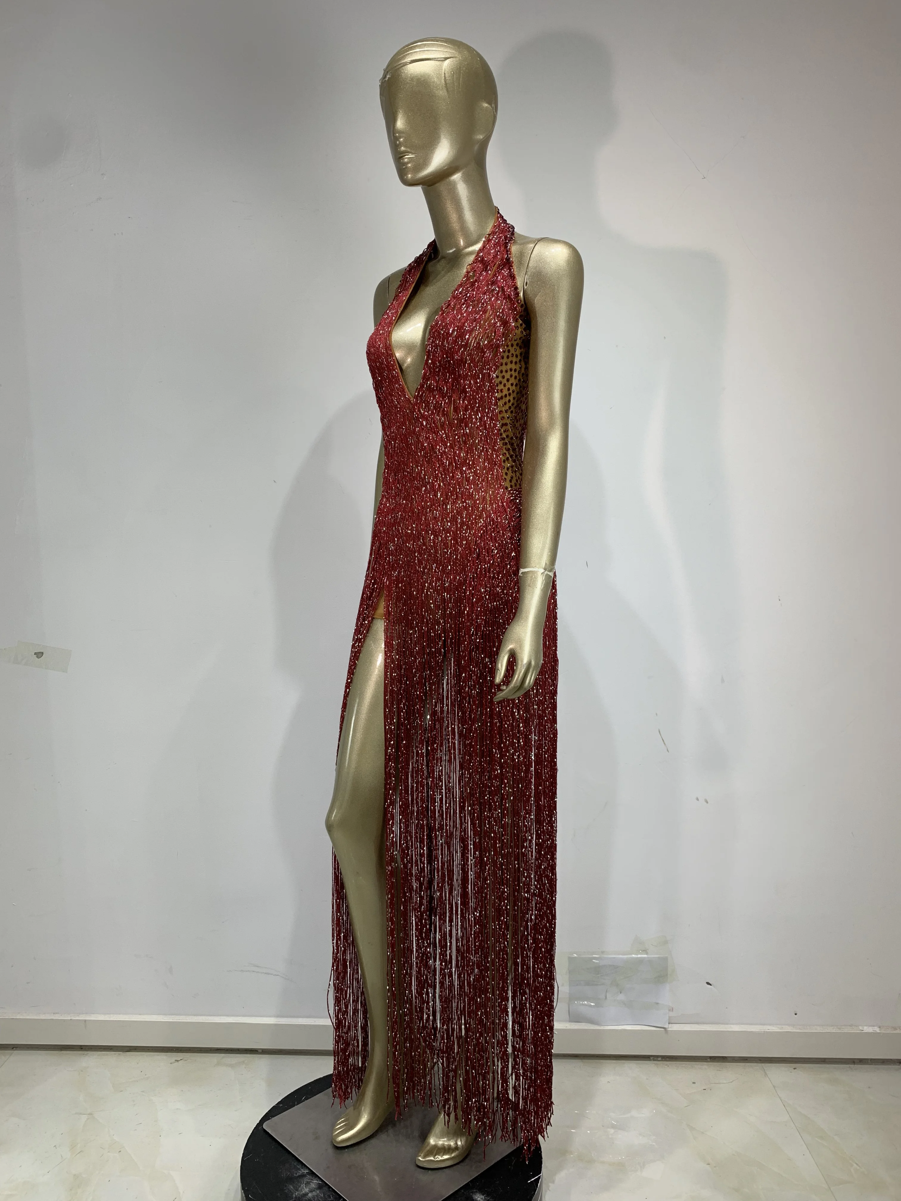Women Sexy V Neck Bodycon Bodysuits Birthday Dancer Performance Costume Luxury Rhinestone Tassels Nightclub Evening Party Outfit