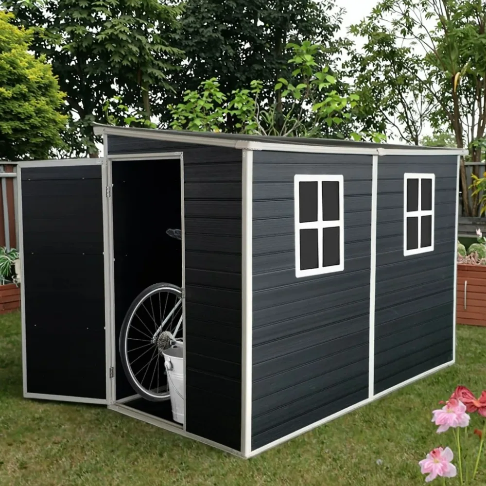 

4x8ft Outdoor Storage Shed with Floor Resin shed with Two-Window, Waterproof ,Lockable Doors for Patio,Yard,Lawn ---Black