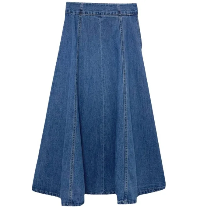 Mittellanger Denim-Midirock für Damen mit hoher Taille – lockere Passform im Frühlings- und Herbststil