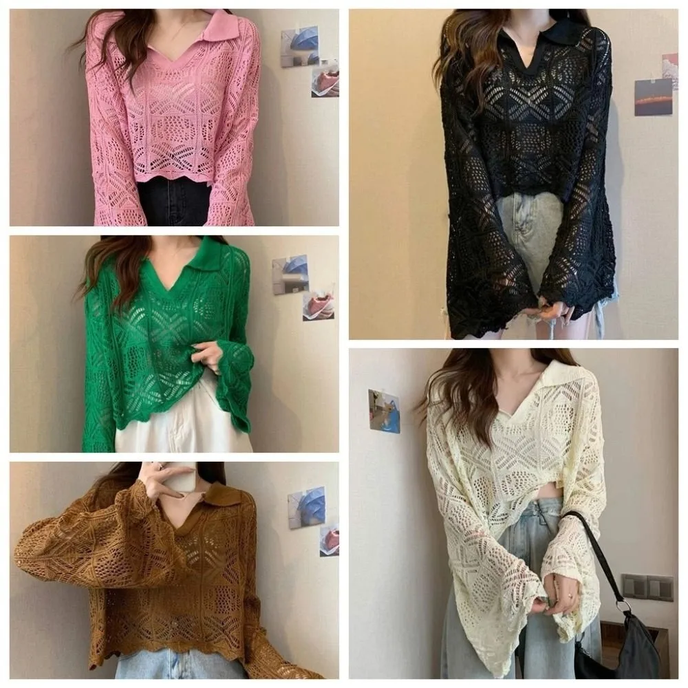

Simple V-neck Hollow Out Knit T-shirt Long Sleeve Korean Style Crochet Knitwear Loose Beachwear Sweet Girl's Beach Top Women
