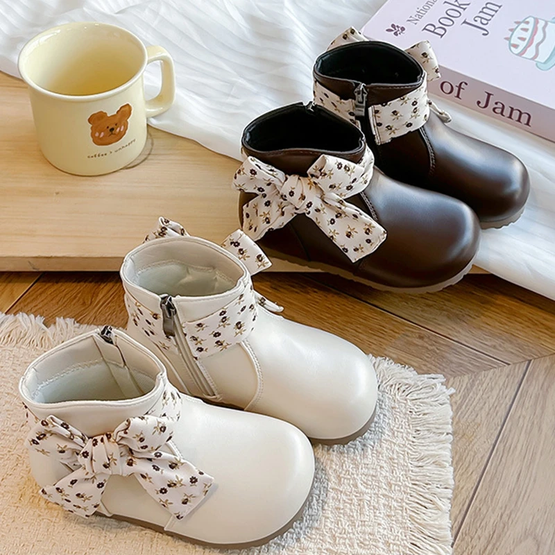 Toddler Girls Floral Print Bow Decor Ankle Boots Little Kids Side Zipper PU Leather Princess Booties Non-Slip Rubber Sole Boots