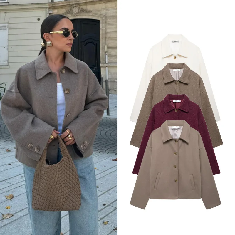 

Women's Fashion Autumn Pure Color Casual Long Sleeve Lapel Woolen Coat Loose Fit Versatile Comfortable Outerwear
