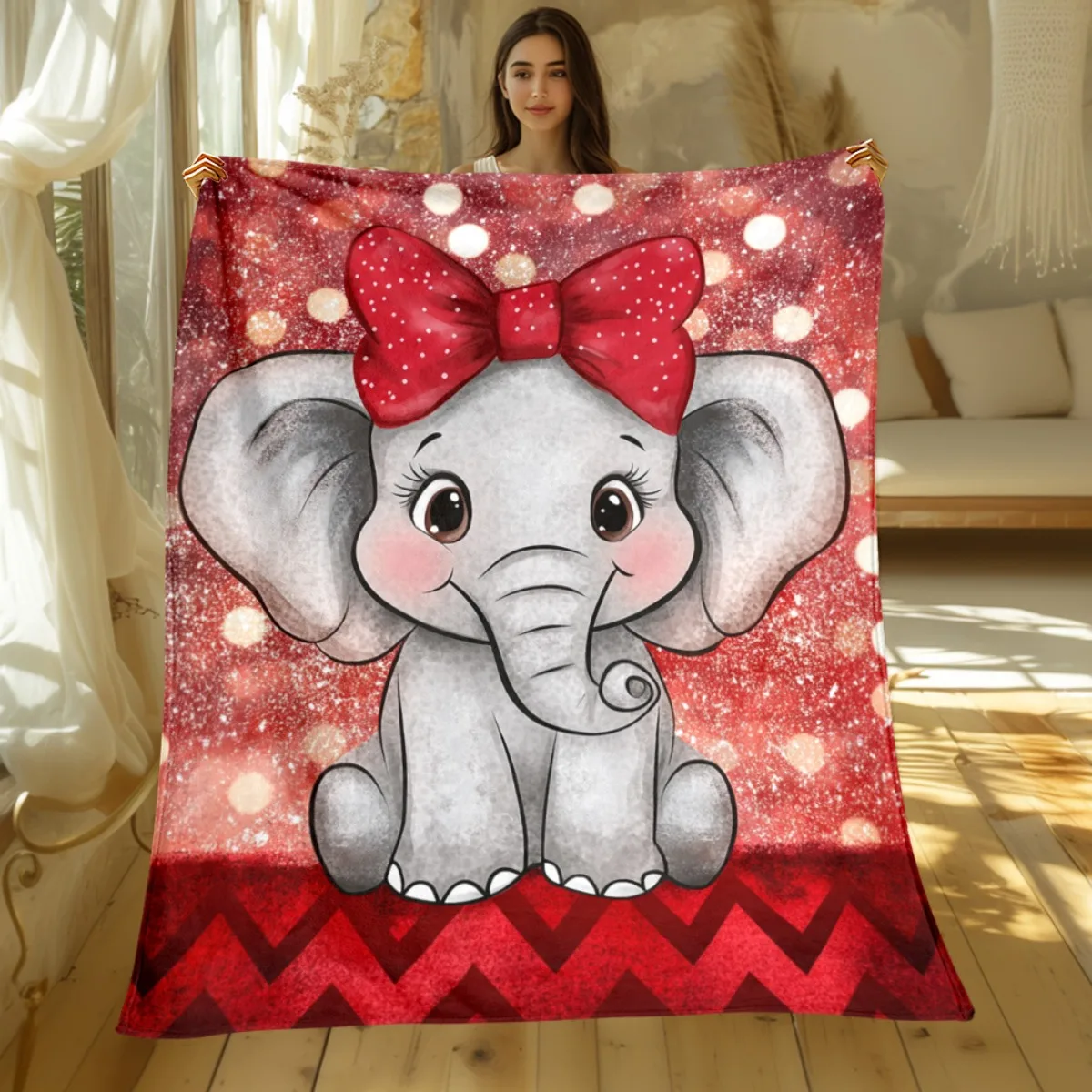 Cute Elephant with Red Bow Sparkle Background Flannel Blanket Baby Girl Gift Kids Room Decor Soft Plush Throw Cozy Bedding Cover