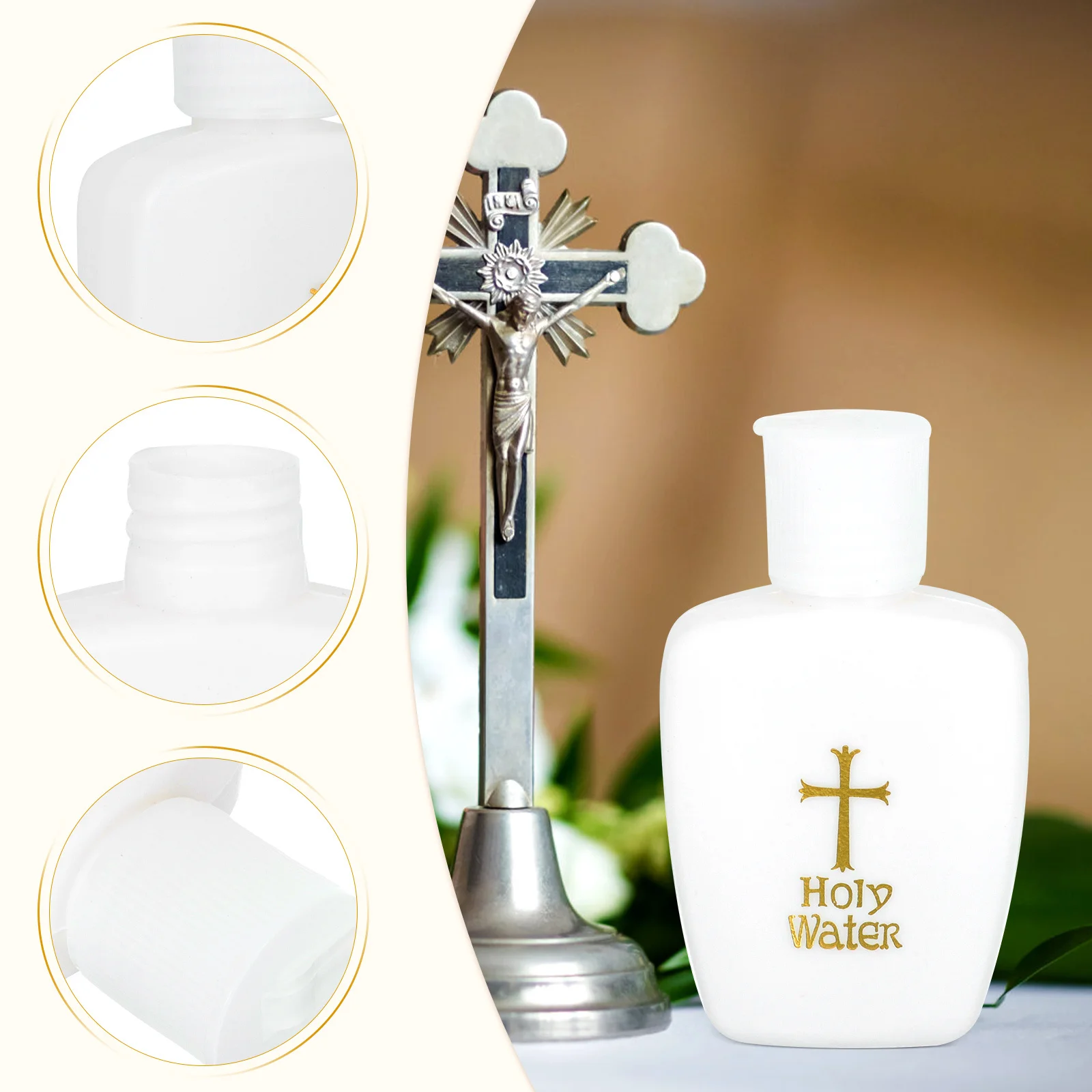 

4Pcs Holy Water Bottle Set Plastic Cross Design Decorative Bottles for Church Home Travel Festival Baptism Wedding Party Favors