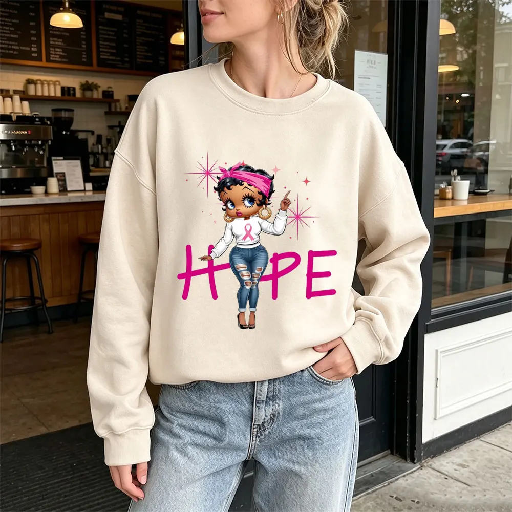 HOPE Betty Boop Graphic Print Ladies Sweatshirt Pink Ribbon Breast Cancer Support Longsleeve Top Casual Streetwear for Women