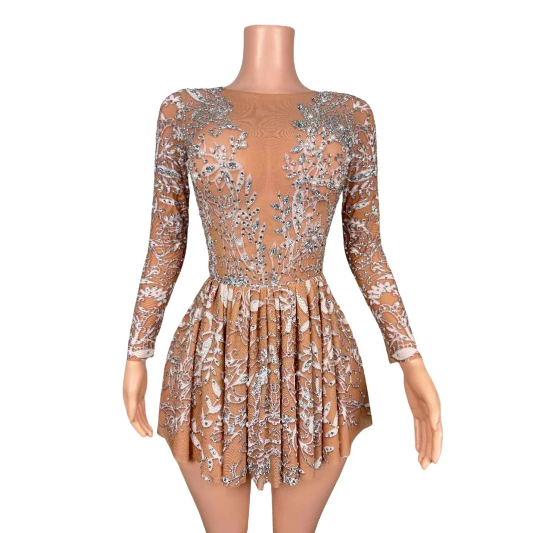 

Sparkly Stretch Mini Rhinestone Dress For Women Backless Bodycon Long Sleeve Singer Dancer Costume Ballroom Night Clubwear