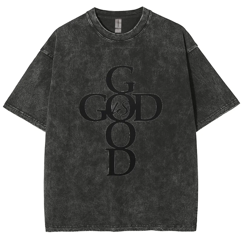 God Is Good Y2k Short Sleeves Washed T-Shirt, Creative Printed Unisex Vintage Streetwear New Fashion Casual Tops Plus-Size