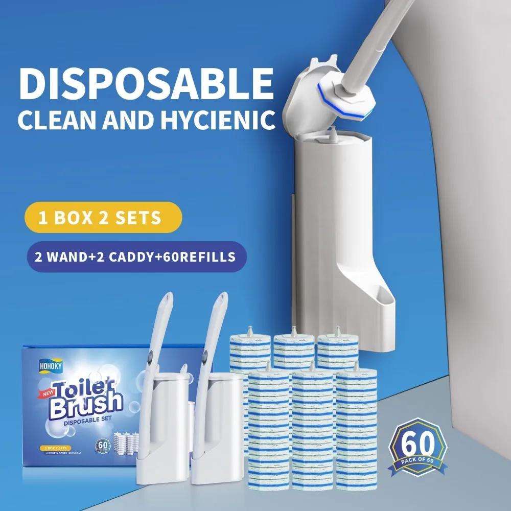 Disposable Toilet Brush Cleaning System with 60 Refills, Wall Mounted Holder, Extended Handle, Self-Cleaning Sponge Heads