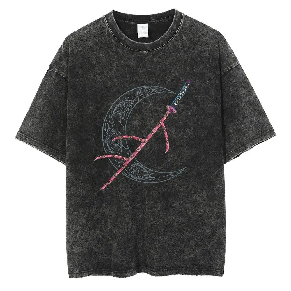 Ghost Annihilation Blade Pink Sun Wheel Knife Short Sleeve T-shirt for Men and Women Retro Washed Vintage Black Loose