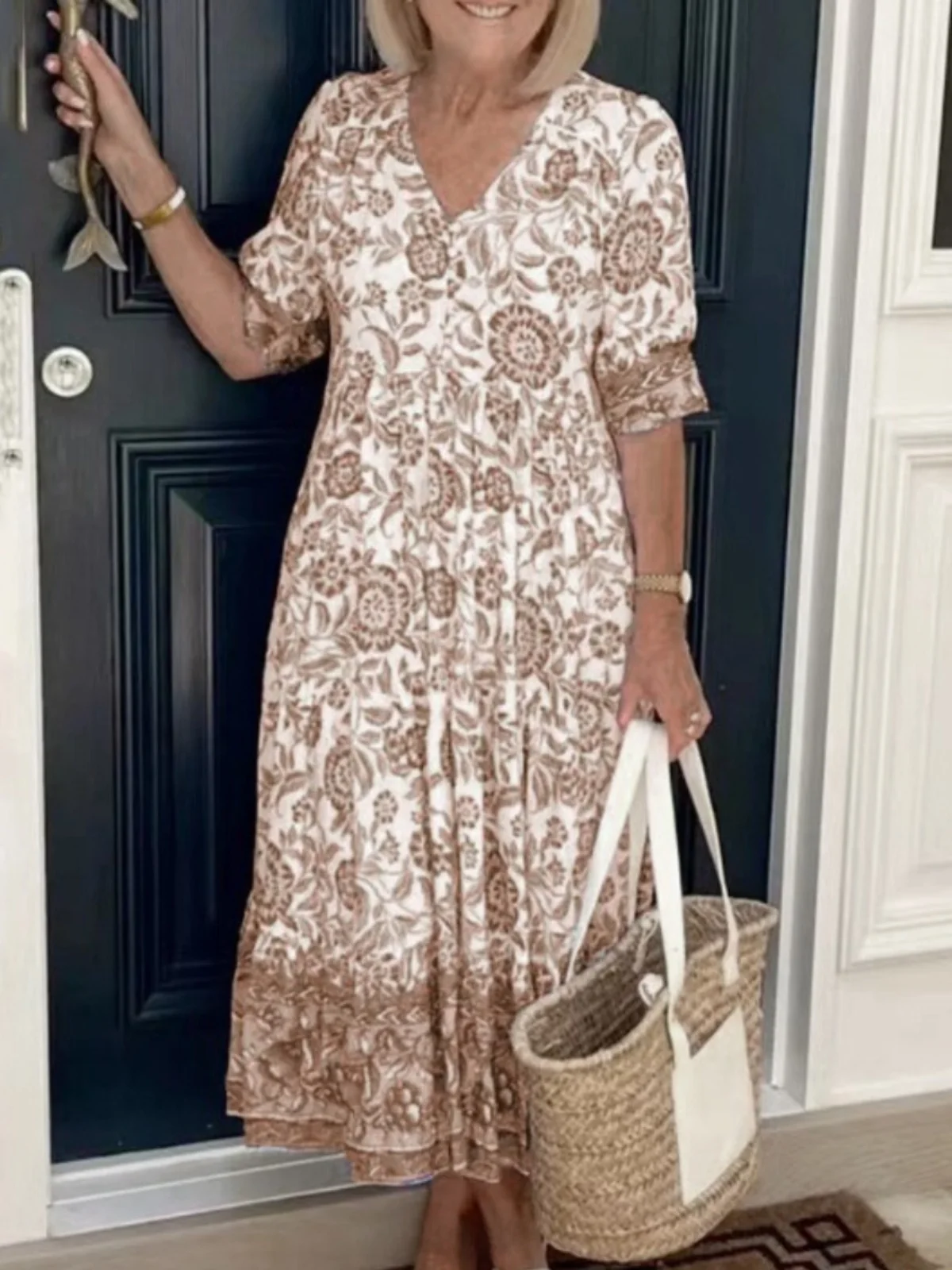 Ele V-ne Single-Button Floral Print Midi Dr Faionable ort-sved Midi-Länge Dr zum Pendeln