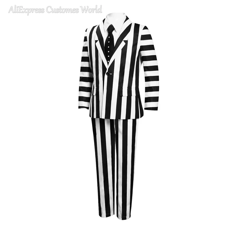 Juice Beetle Suit Movie Michael Keaton Cosplay Costumes Black and White Striped Suit Clown Mask Halloween Costumes for Women Men