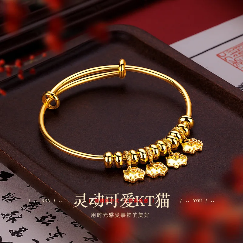 

Women's 9999 24K Real Gold Niche Design Bead KT Cat Bracelet Cute and Fun Cat Push-pull Bracelet Gift Adjustable for Mom Mother