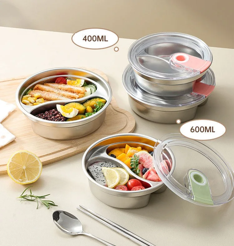 304 Stainless Steel Lunch Box With Lid Microwave Safe Divided Food Container With Leak-Proof Seal Round Compartment Meal Prep