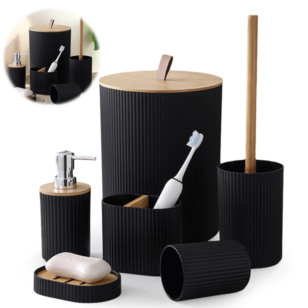 

6Pcs/Set Soap Dispenser Box Housewarming Gift Toothbrush Holder Bath Accessory Bottle Trash Can Bamboo Plastic Bathroom Storage