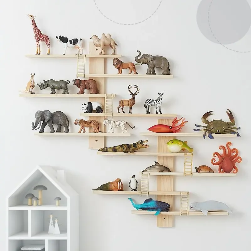 Solid Wood Animal Model Display Shelf Children's Room Multi-layer Rack Blind Box Storage Display Wall Hanging Happy Zoo Shelf