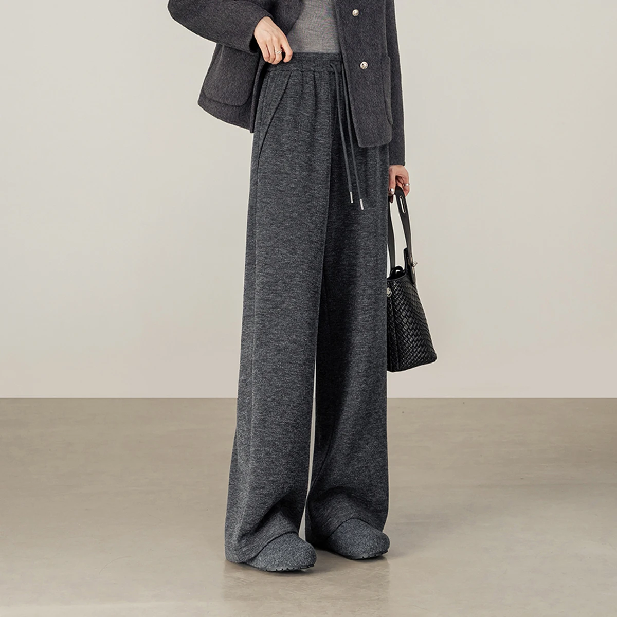 SENTUBILA Damen-Hose mit weitem Bein, 2025, Winter, Kordelzug, elastische Taille, Thermo-Fleece-gefütterte Hose, lockere Passform, Hose 154KD3402