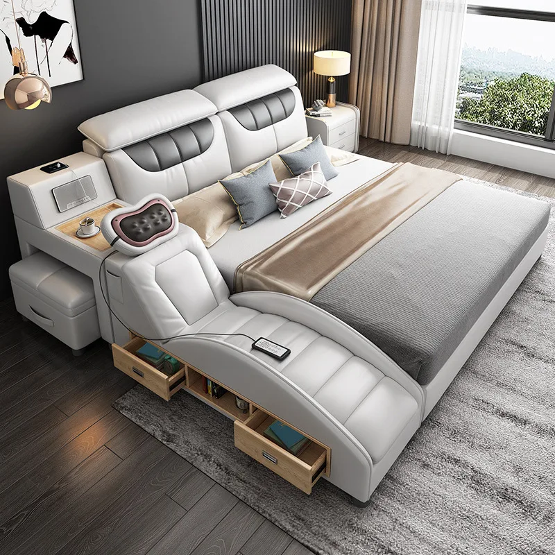

Bedroom Furniture Designer Leather Luxury king Queen Size Modern Boy Girl Wooden Multifunction Storage Massage High End Bed Set