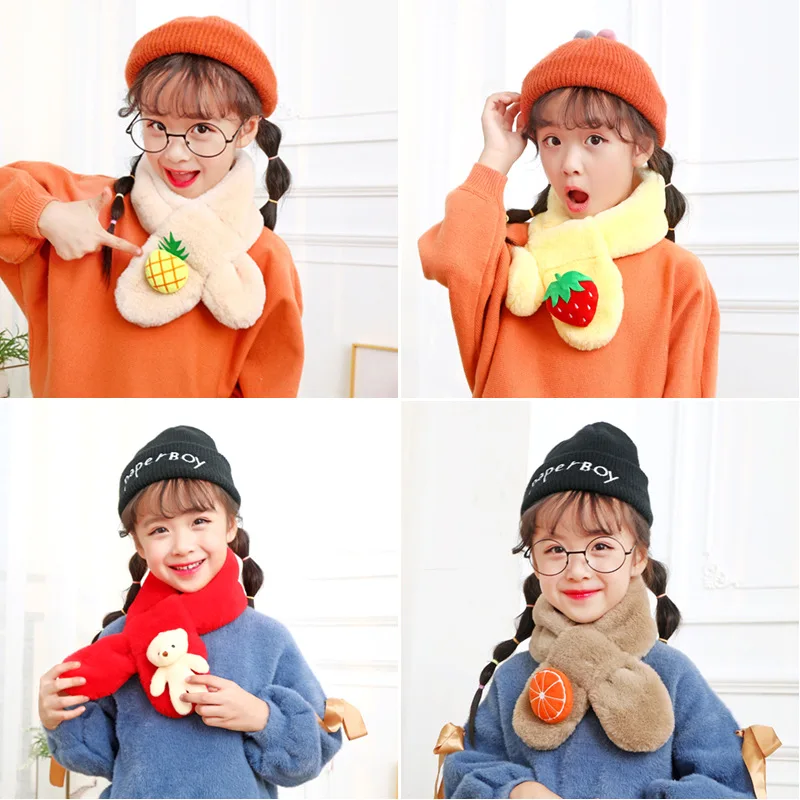 Baby Plush Scarf Autumn Winter Kids Warm Faux Fur Cross Scarves Cute Girl Boy Cartoon Soft Neck Ring Scarf New Korean Style