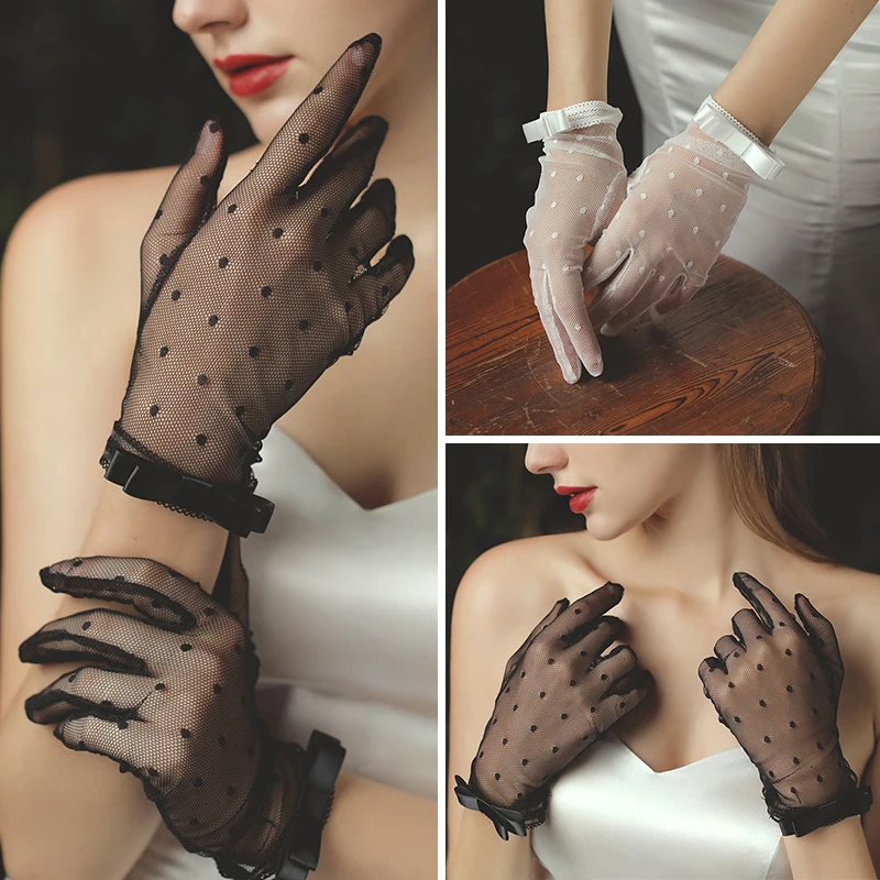 Women Dot Tulle Fishnet Gloves Full Finger Short Mittens Fashion Transparent Gloves Bowknot Bridal Wedding Mittens Black White