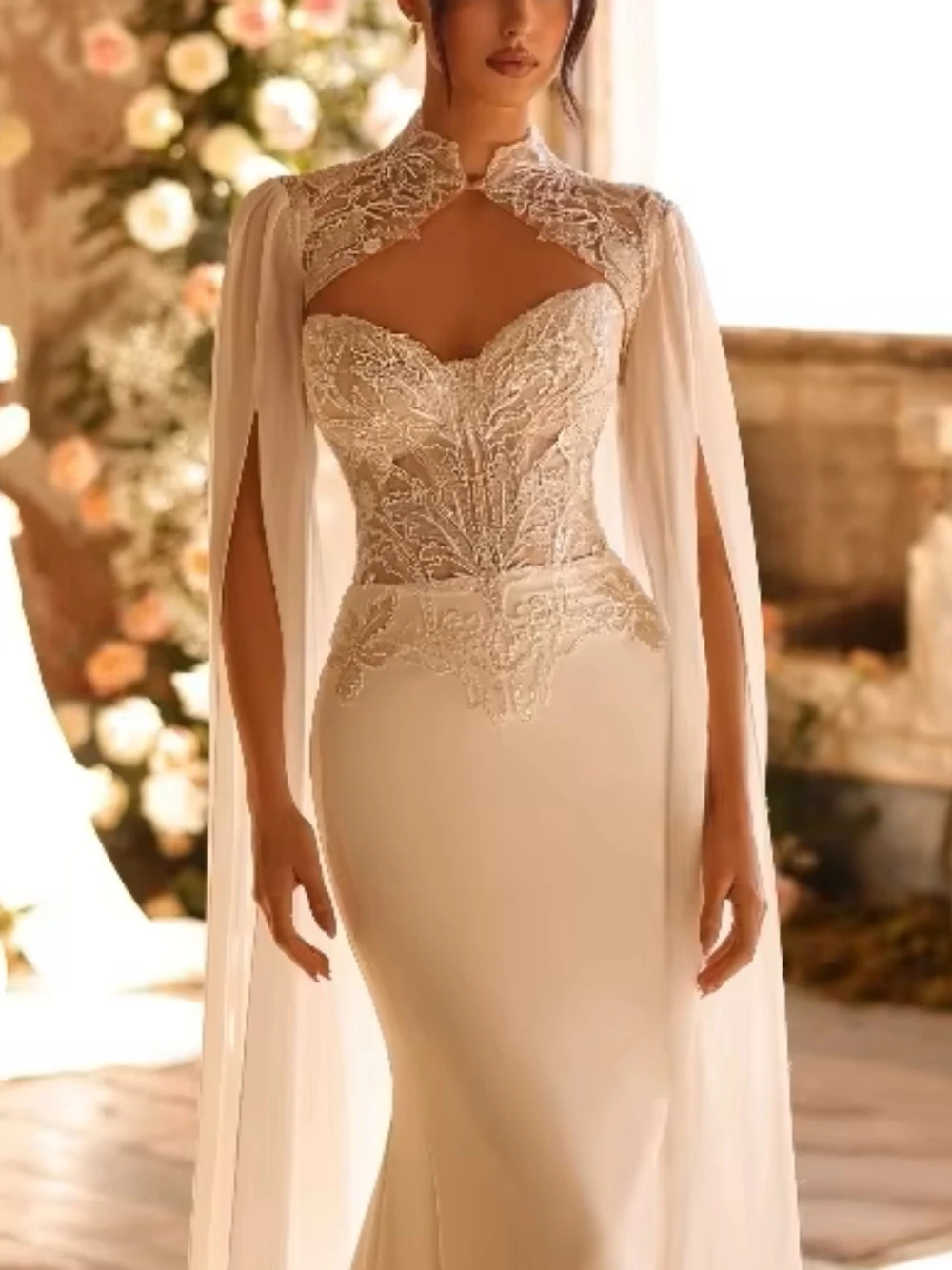 SAROULU Mermaid Wedding Dress With Detachable Cape Sweetheart Neck Lace Appliques Satin Bridal Gown Two Pieces Customized Wear