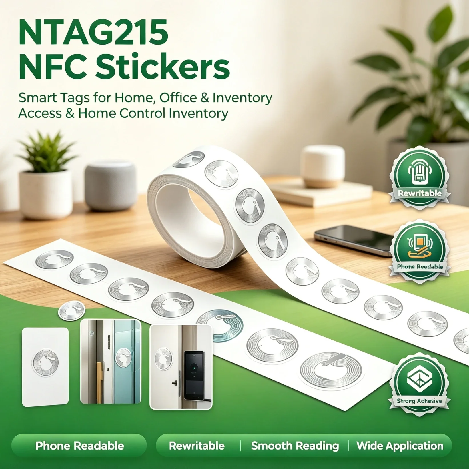NFC Tag Stickers 13.56MHz NTAG215 ISO14443A Self Adhesive RFID Labels Compatible All NFC Enabled Phones Rewritable NFC Sticker